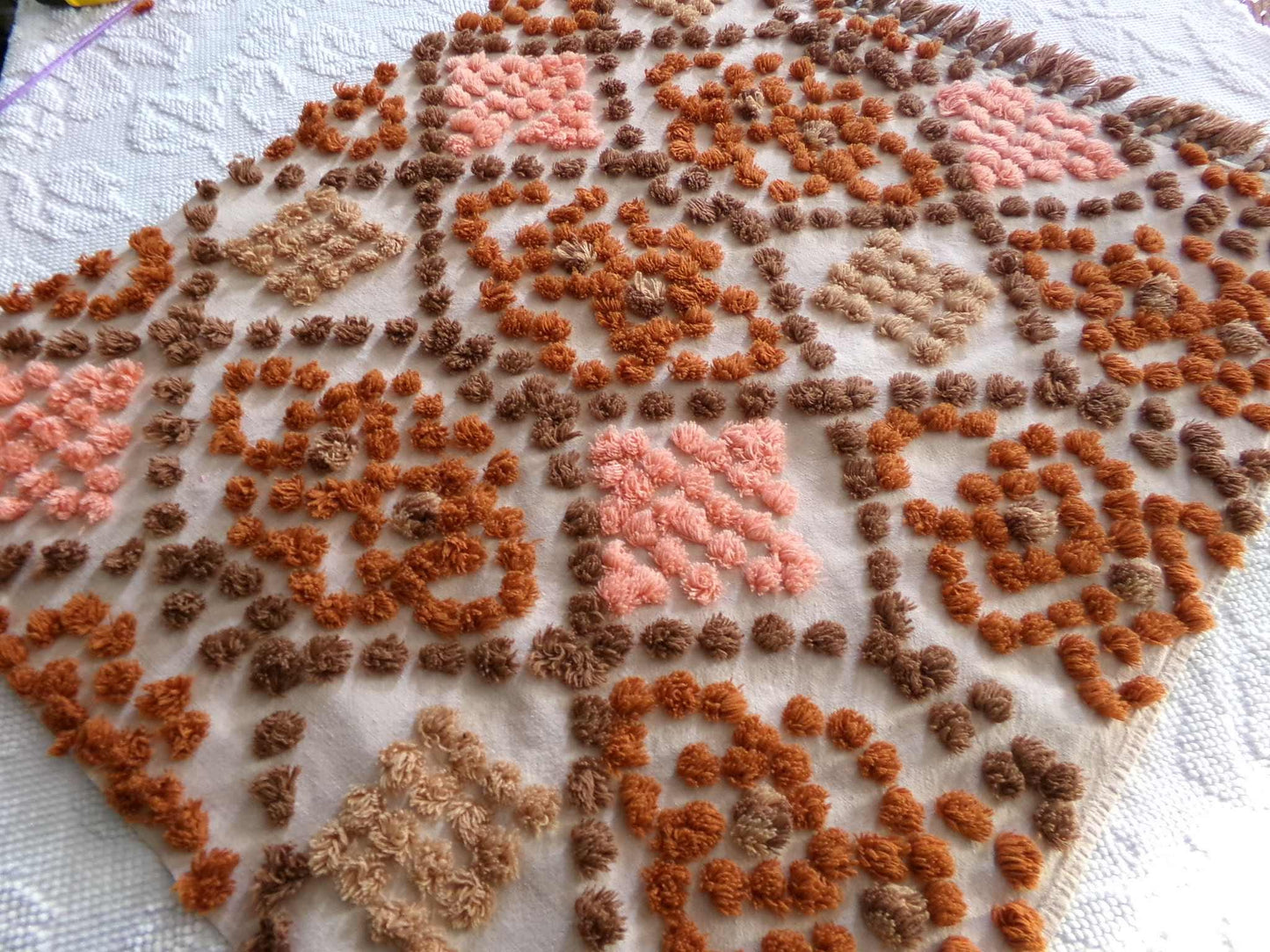 boho vintage chenille fabric, earthtones toasted brown, rust, sunset peach, 21" x 24" cut piece hippie style cotton sewing material