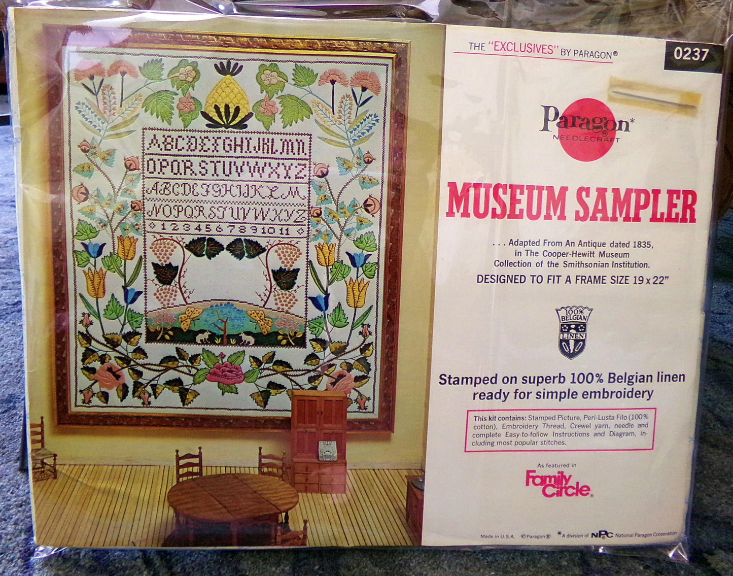Vintage MUSEUM SAMPLER Embroidery Kit, Cooper-Hewitt Smithsonian Institution, Paragon Creative Crewel Stitchery, 0237, Linen Canvas