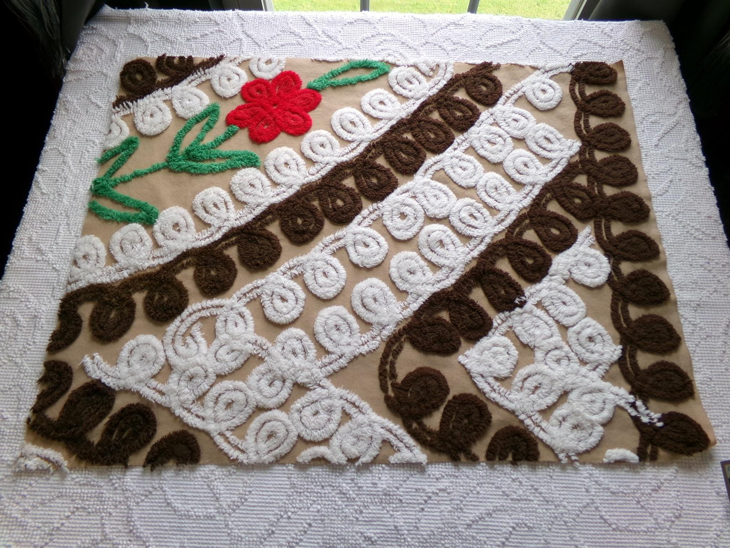 vintage chenille fabric, chocolate cake with a cherry on top, 20" x 26" piece of cotton sewing material in red flower, mocha, brown & white