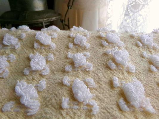 Buttercup Yellow White Rosebud Vintage Chenille Fabric, Cottage Style Tufted Roses, 12" x 24" inch Piece