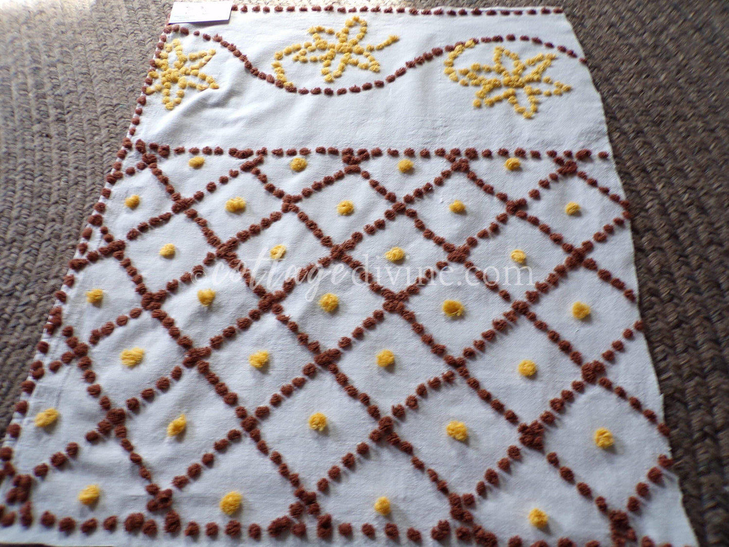 boho sunflower vintage chenille fabric, autumn gold & brown geometric florals on 100% cotton 22" x 28" cut piece