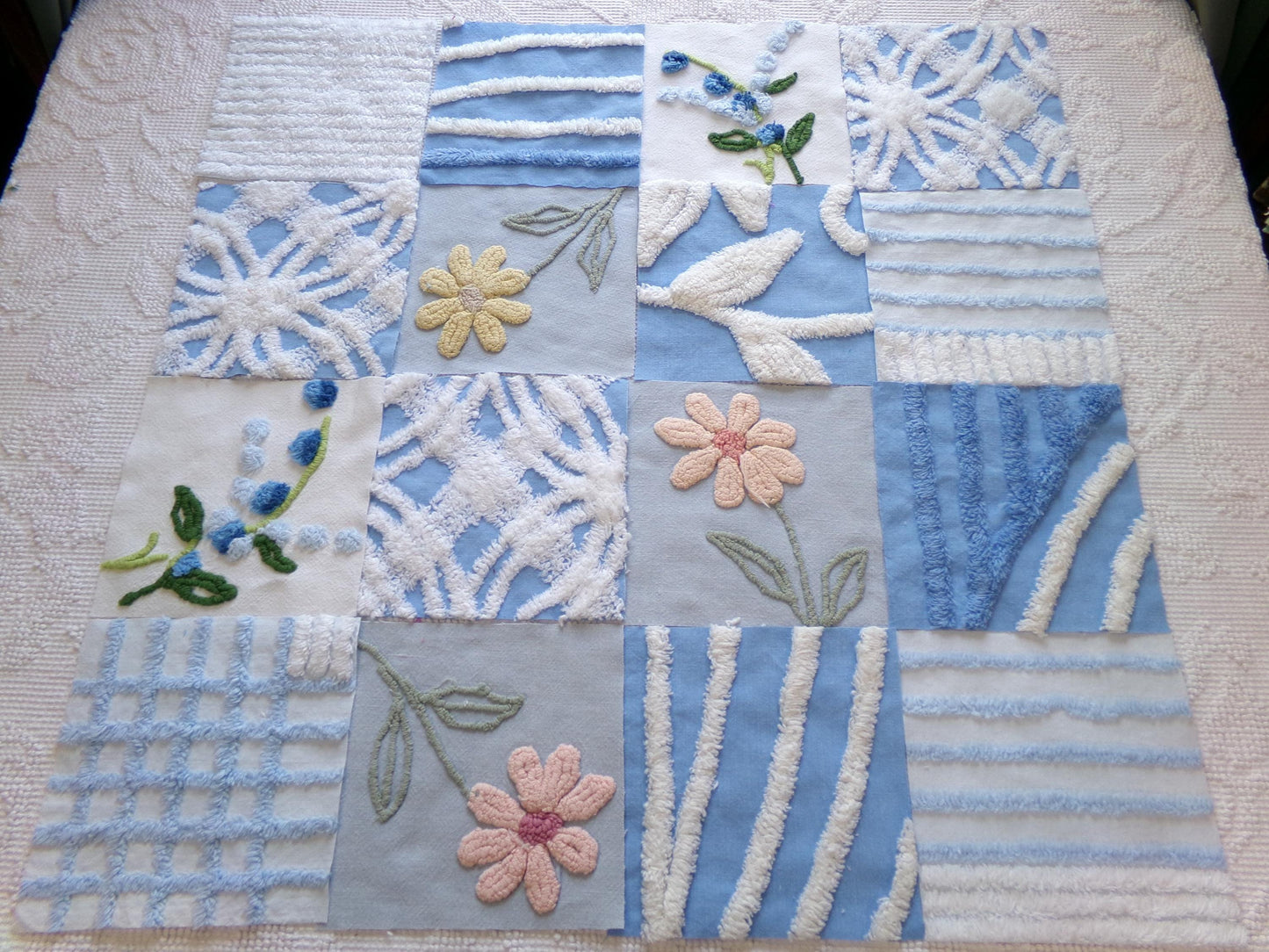 meadow skies vintage chenille fabric squares, set of 16 serene 6" quilt blocks, geometrics, daisy & lupine flowers for crafts, sewing