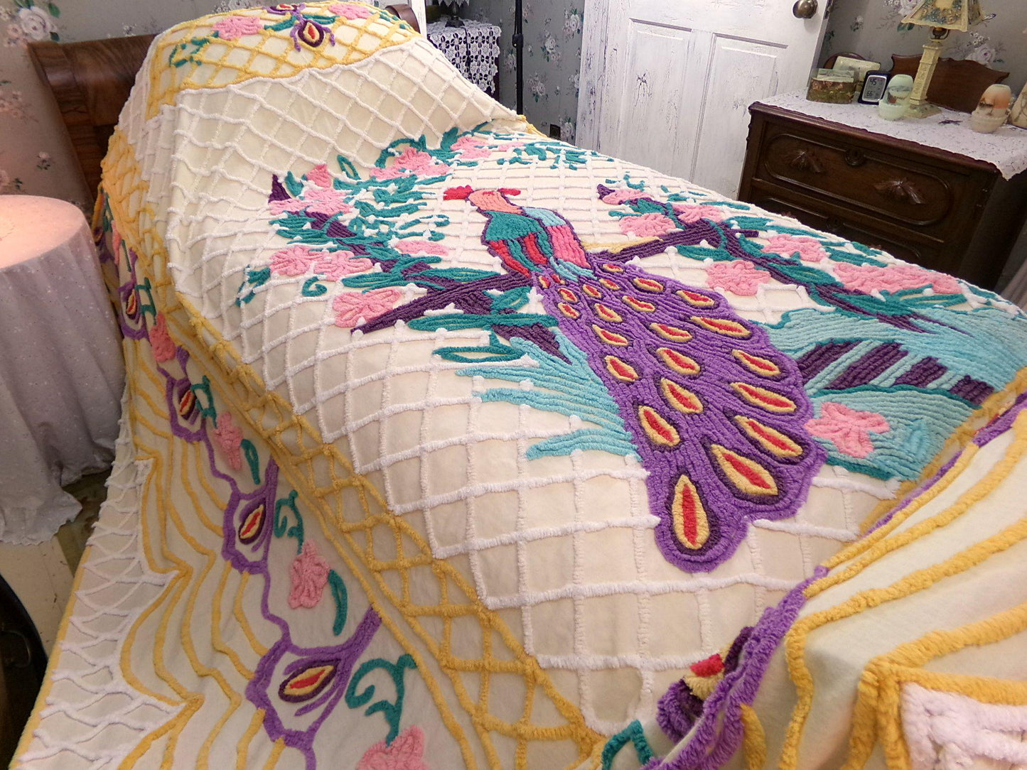 Grand Perched Peacock in a Garden Vintage Chenille Bedspread, Exotic Art Deco Dramatic 1940s Design, Full Size Lightweight Cotton Coverlet