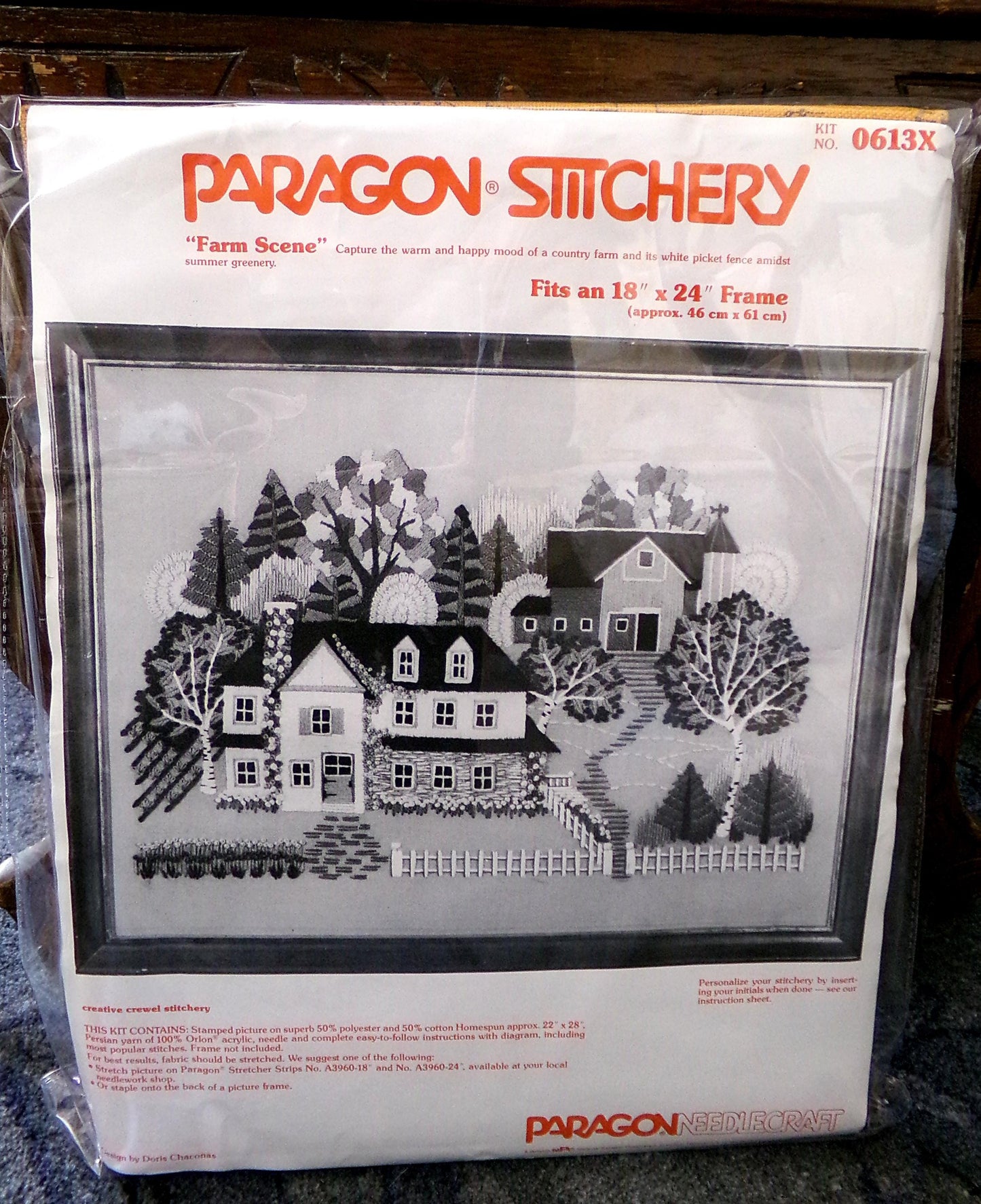 FARM SCENE Vintage Crewel Embroidery Kit Hippie Country House, Paragon Needlecraft Stitchery, Kit# 0613X, Design by Doris Chaconas