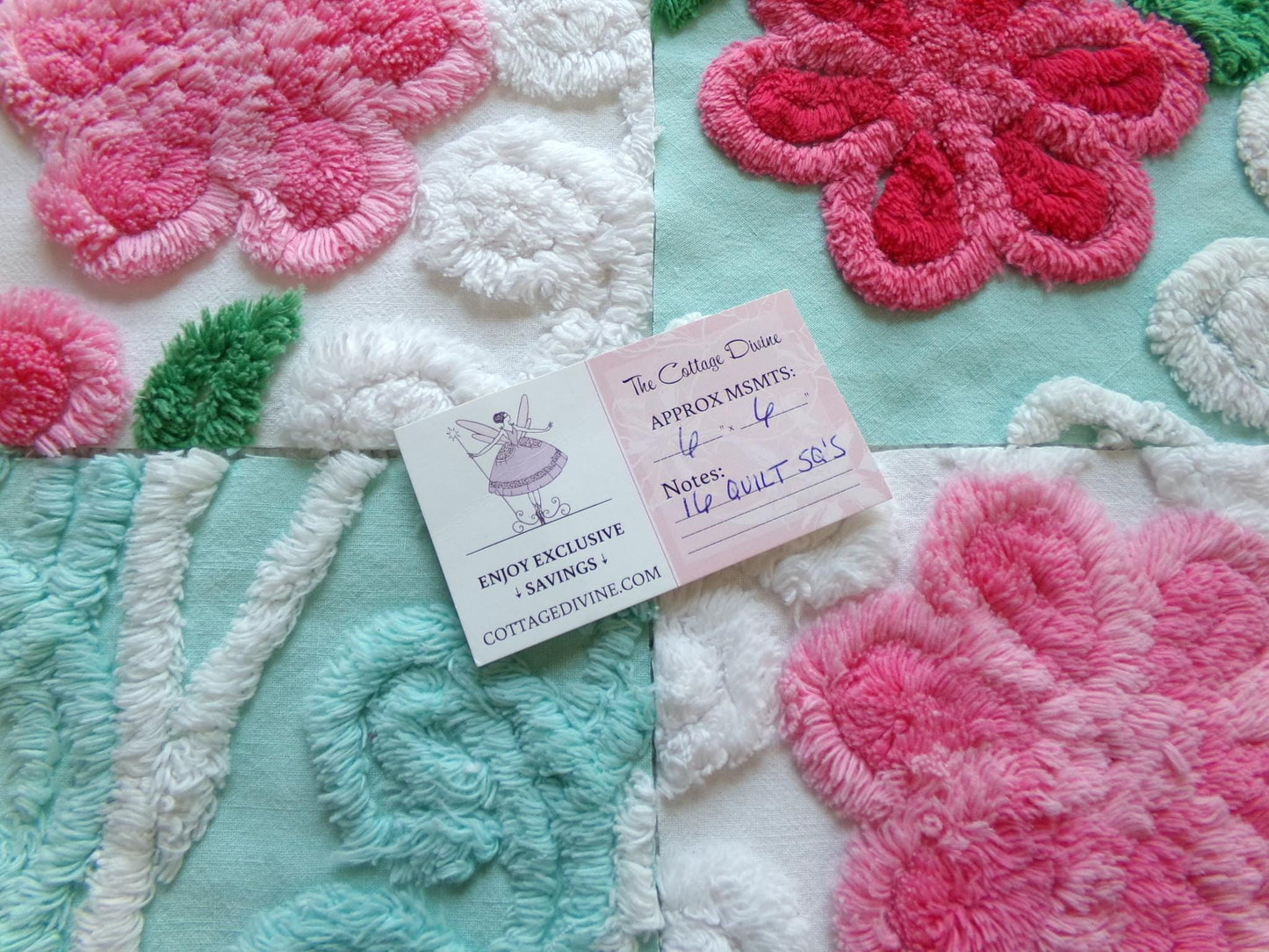 seafoam & pink 6" chenille squares, set of 16 quilt blocks rotary cut from vintage chenille bedspread fabrics