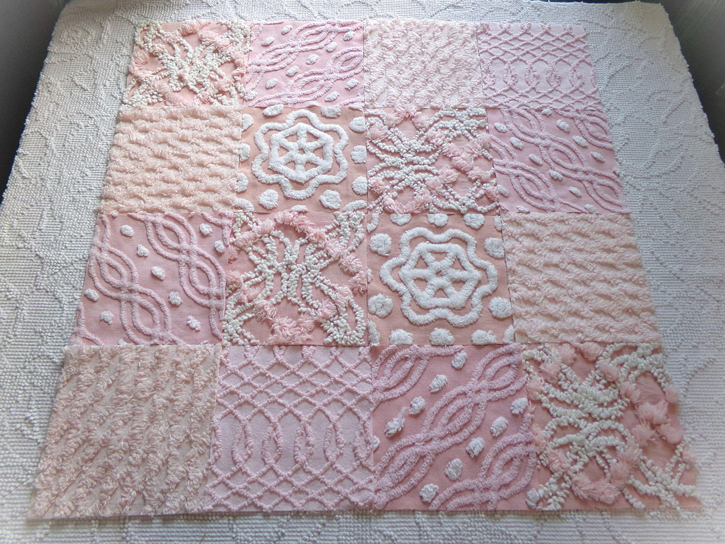 feminine glow vintage 6" chenille squares, set of 16 quilt blocks, rotary cut from pink & peach vintage chenille bedspread fabrics