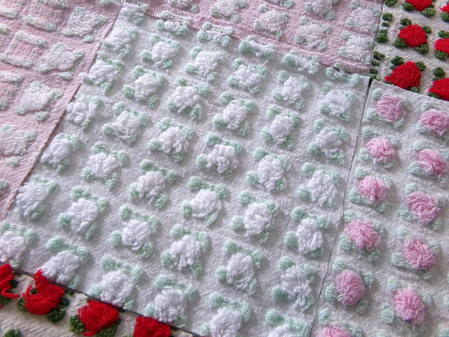 valentine rosebuds vintage chenille fabric squares, gorgeous medley of pink, red, white roses, set of 16 quilt blocks, 6" x 6" inch