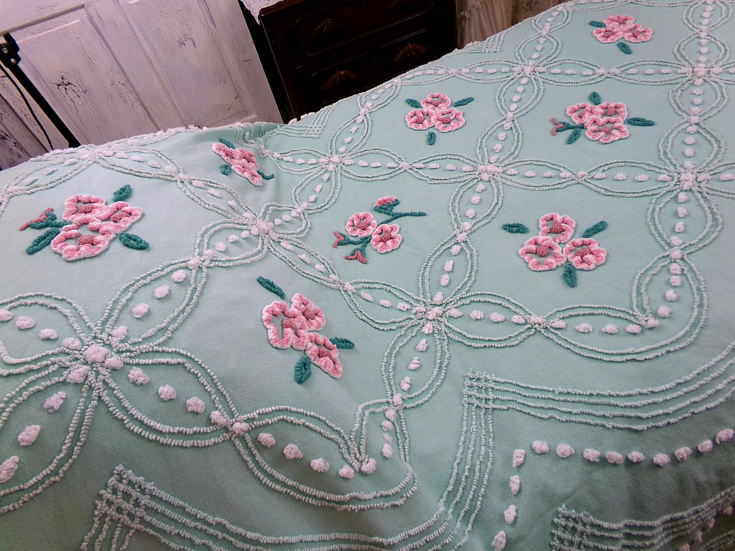 jade green pink rose vintage chenille bedspread, beautiful twin size shabby chic style bedding, great as a summer cottage coverlet