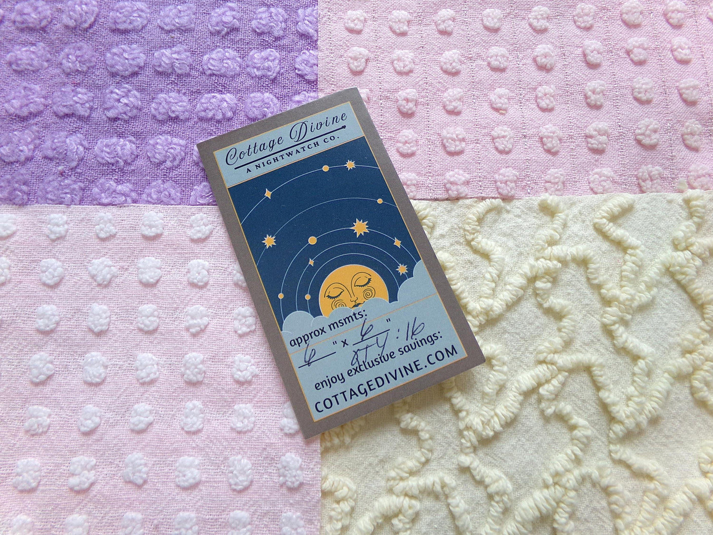 fairy magic 6" chenille fabric squares, set of 16 pink, yellow & lavender quilt blocks for quilting, sewing, crafts