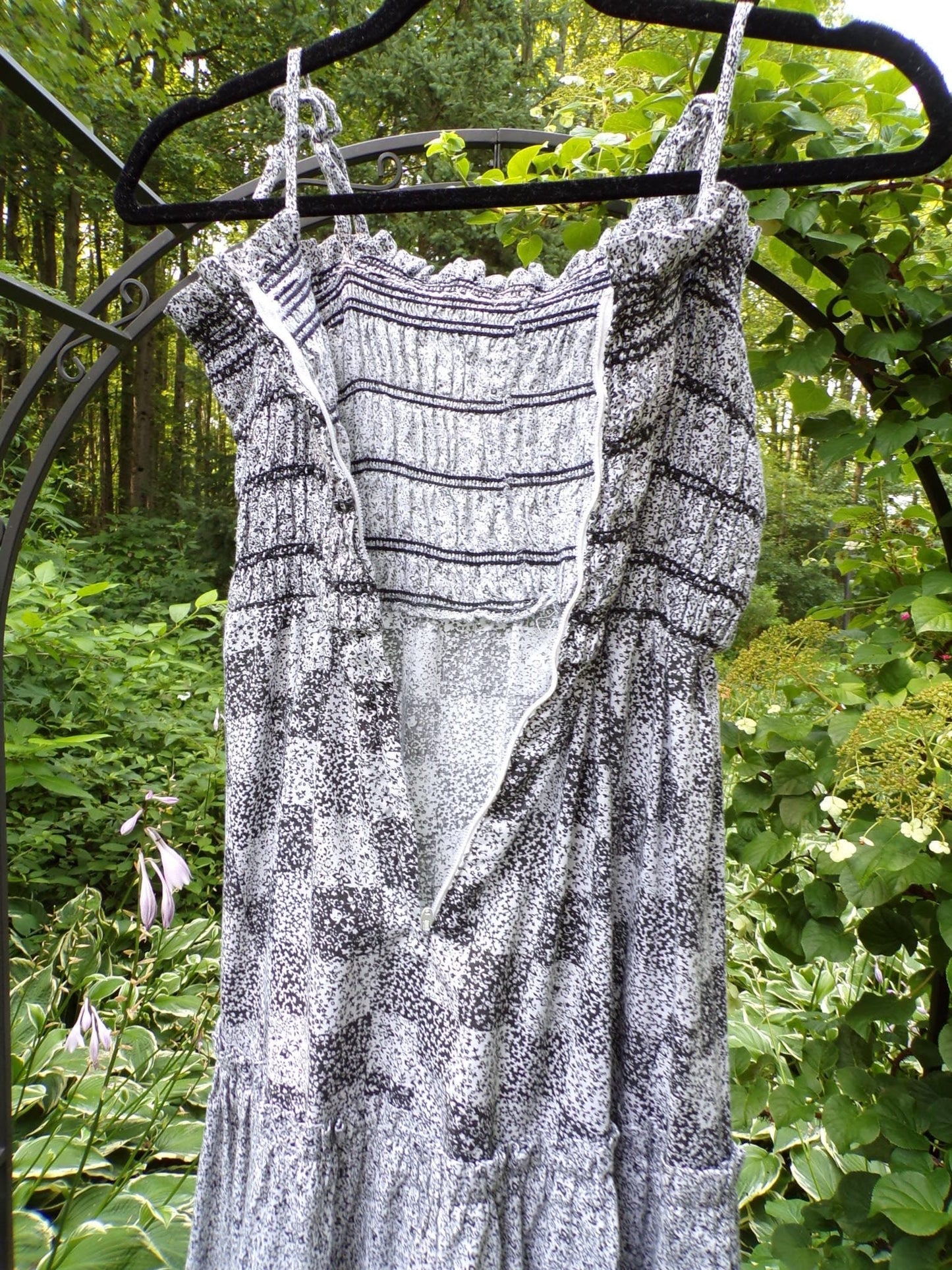 Butterfly Vintage Prairie Dress, Black & White Calico Print, Tie Strap Tiered Maxi Sundress, Candi Jones California, Boho Style Big Sweep, S