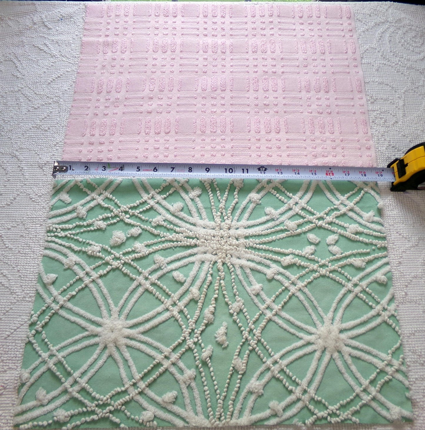 Vintage Chenille Fabric: 2 Pieces Quilt Material 12" x 18" each in Jade Green Tufts & Ballet Pink Dash Dots