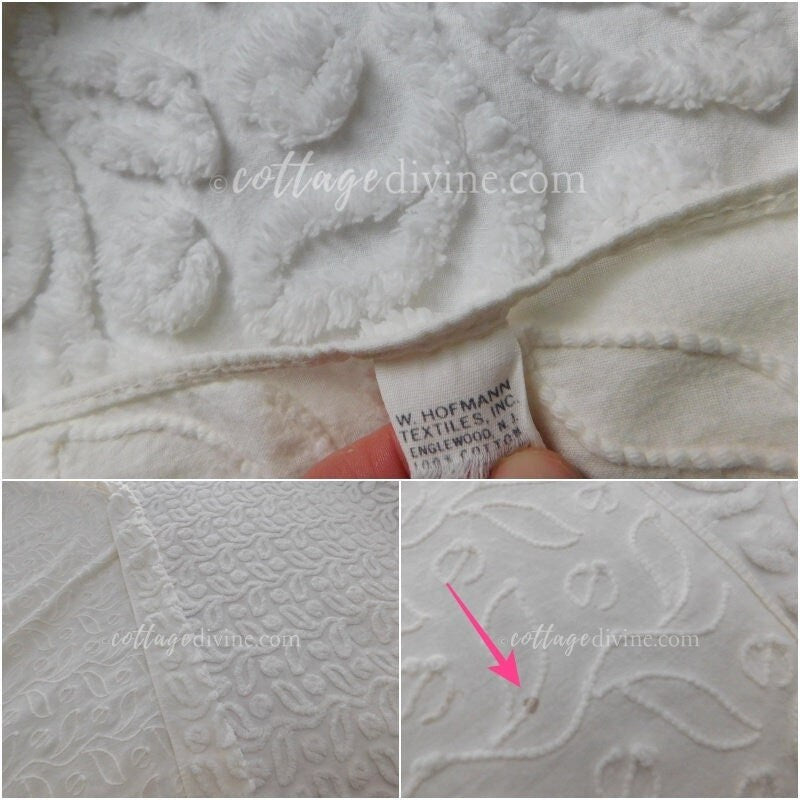 White Ivy Berry Vintage Chenille Bedspread, Full Size Cotton Bedding with Fringe, Tagged Hofmann Textiles