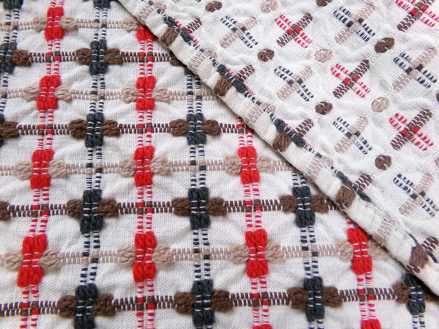little bow tie vintage woven fabric w/ intersecting chenille cross ties in red, charcoal, mocha & brown, 20" x 24" cut piece sewing material