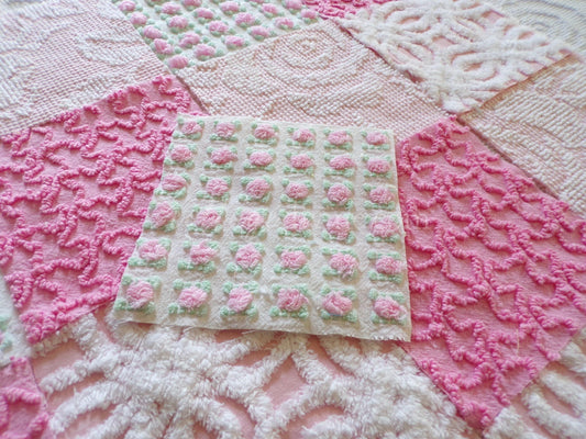 Must Love Pink Chenille Quilt Squares Set from Vintage Bedspread Fabric, 16 Blocks, 6" inch