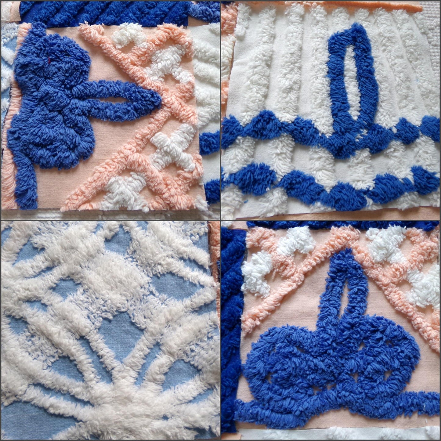 peach frost vintage chenille fabric squares, set of 16 peach & blue quilt blocks 6" ea, for fiber arts, sewing, quilting