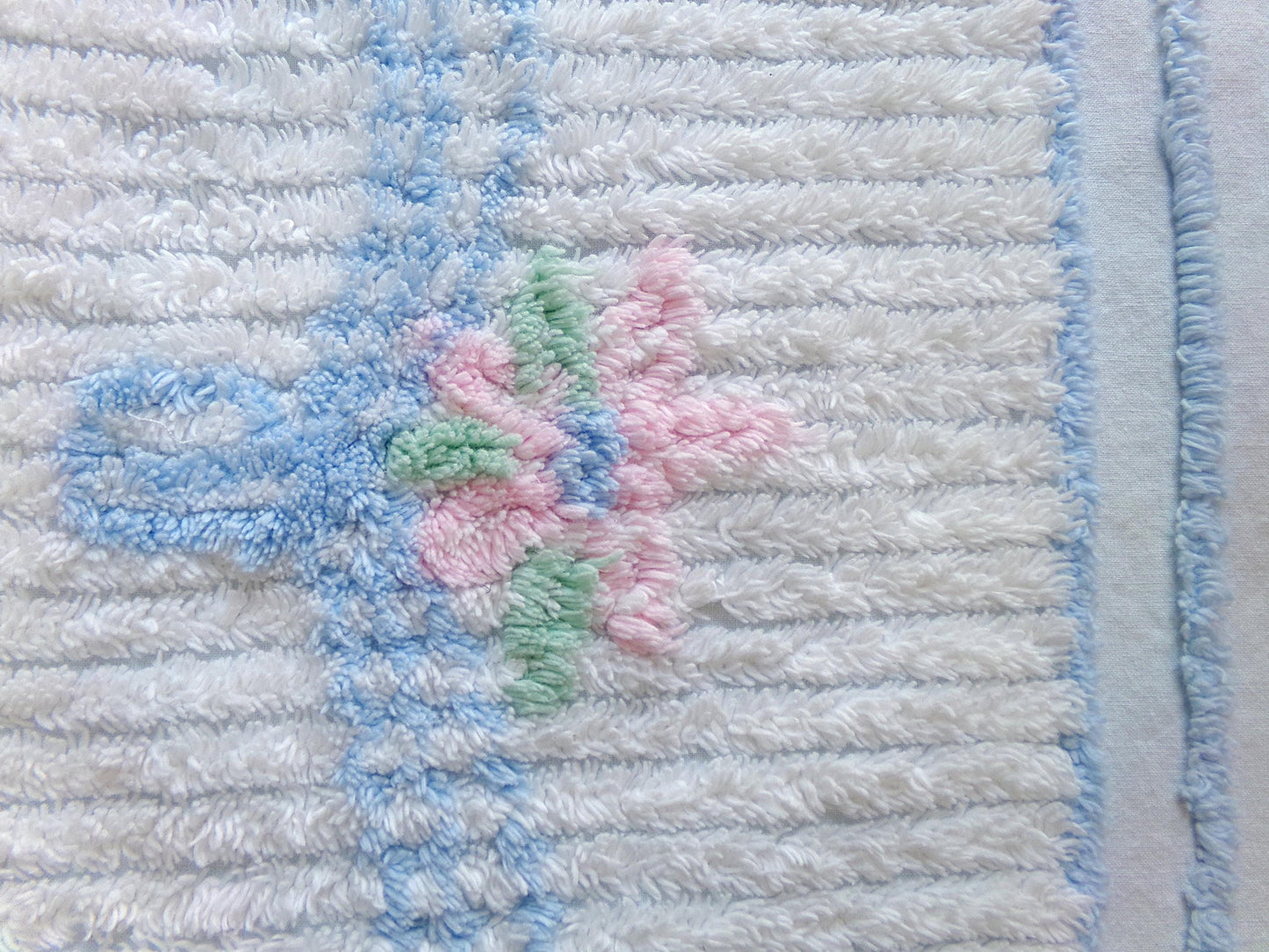 vintage chenille fabric panel: carefree little girl on swing in cameo of pink lilies, 28" x 38" large cut piece
