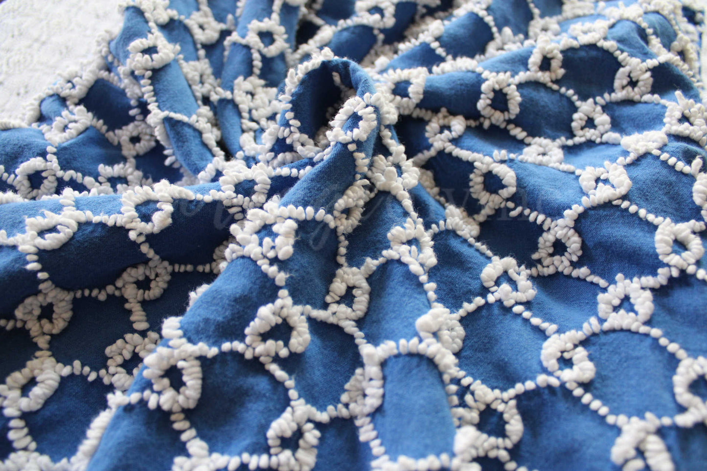 Chain Link Cobalt Blue Vintage Chenille Fabric, 20" x 24"' inch piece, White Needletufted Links on Ultra Lightweight Cotton