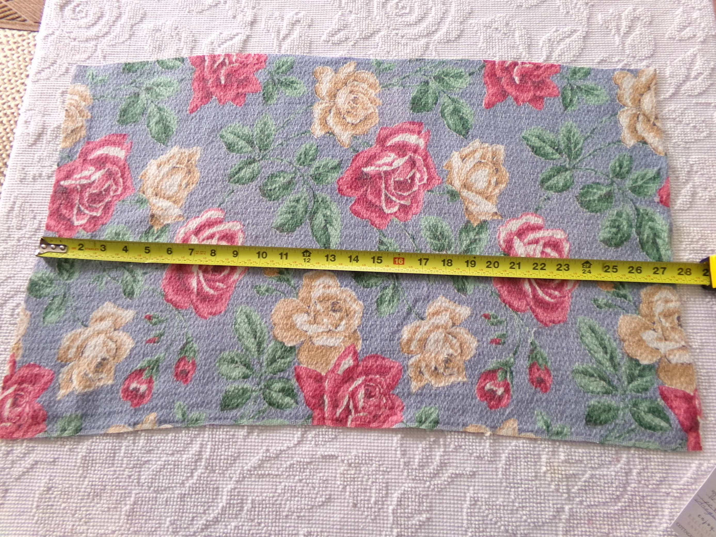 shabby chic rose barkcloth fabric, lovely floral blooms on blue, 27" x 16" inch piece, great vintage sewing material for pillows