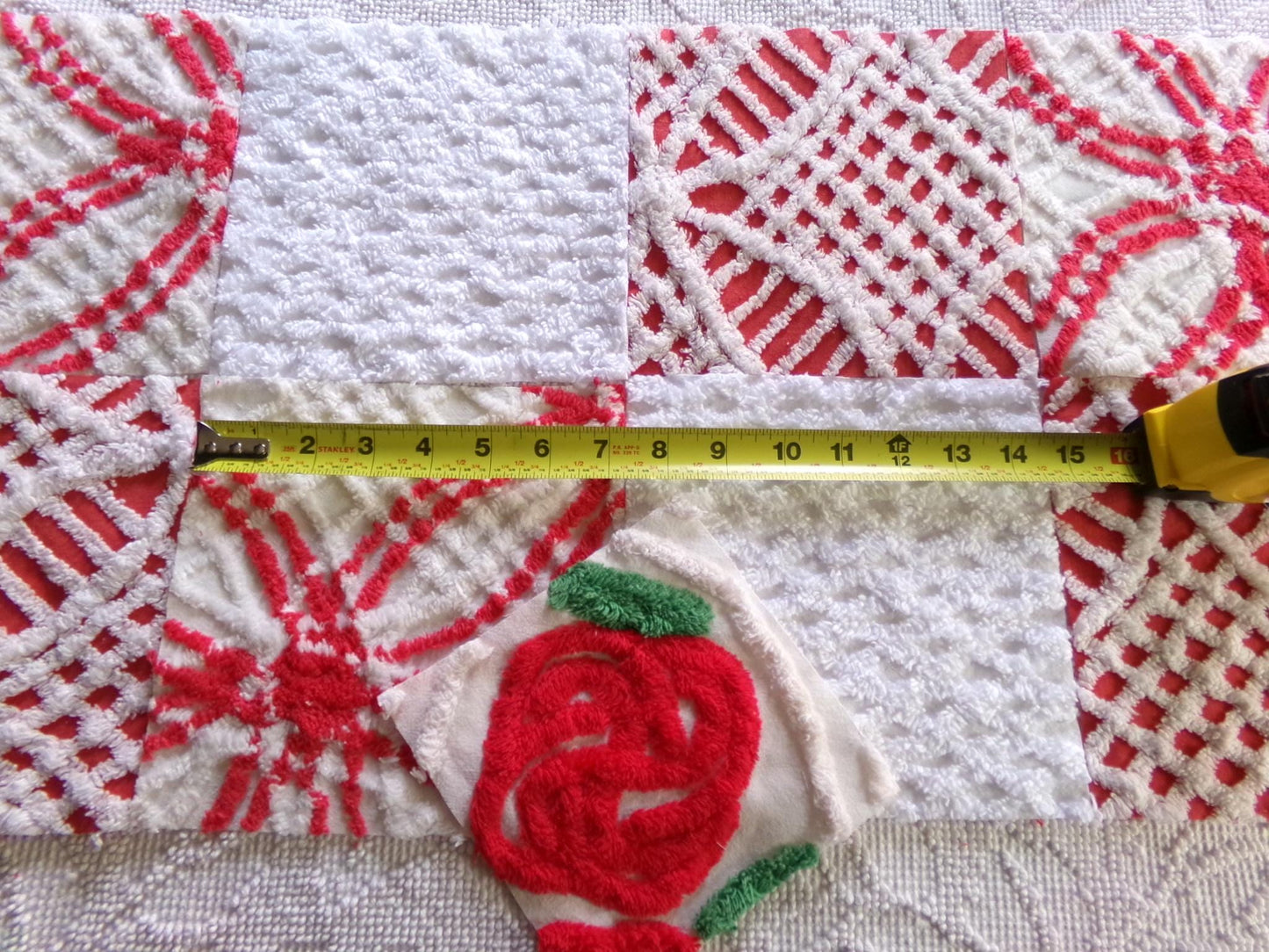 rose red & white chenille fabric squares, 7.5" vintage quilt blocks, set of 8 for sewing, Christmas crafts, quilting