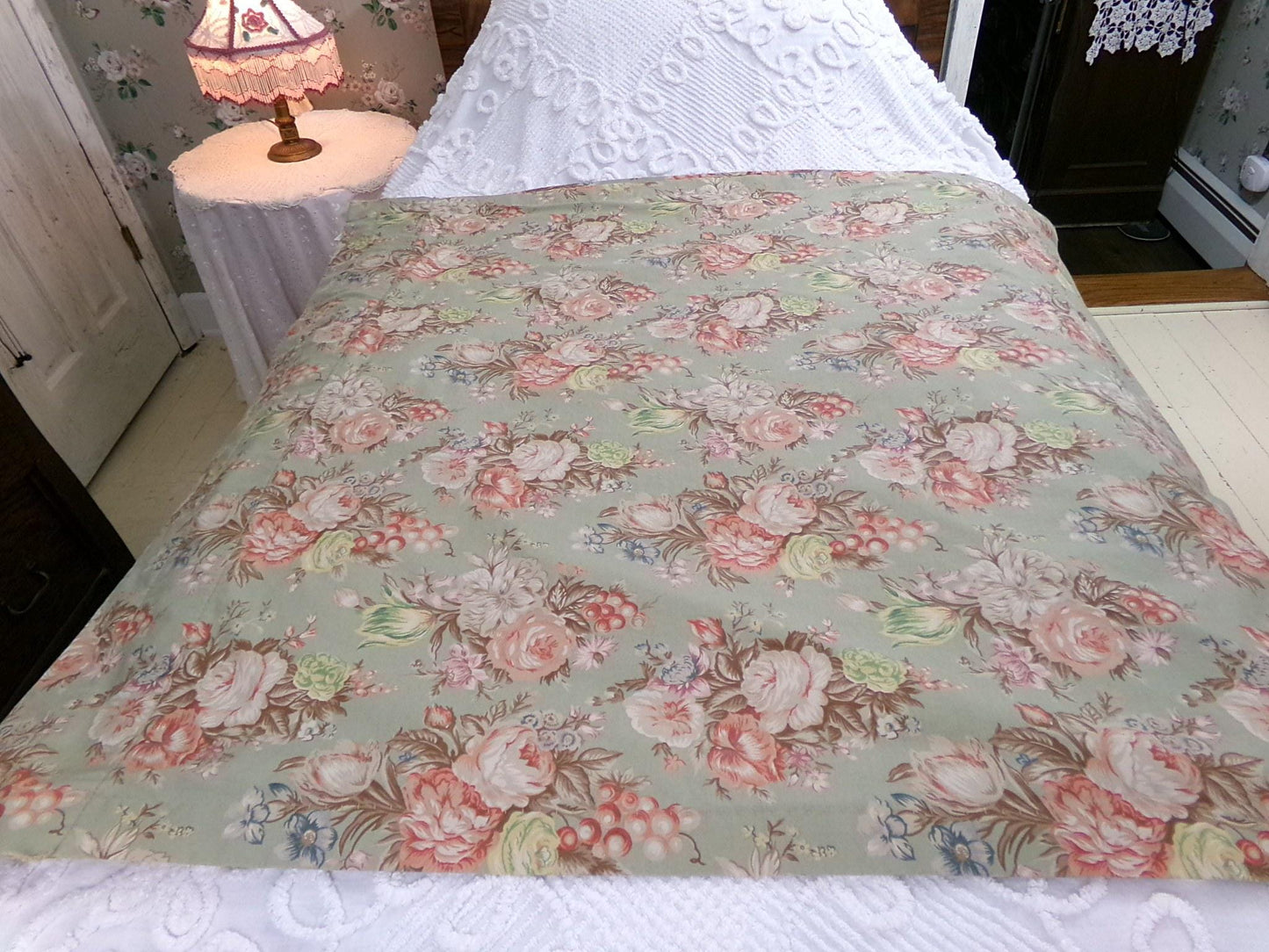 Ralph Lauren Charlotte SINGLE Curtain Panel, Vintage Sage Green Floral Window Drape, Classic Blue Label Print, USA Made Cotton