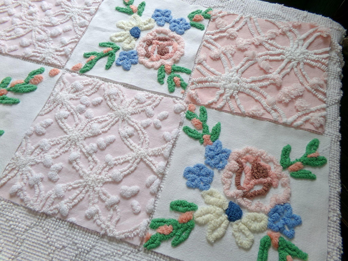 shabby fantasy florals chenille fabric squares, set of 8 vintage 7.5" quilt blocks, pink & white wildflowers for sewing, crafts, quilting
