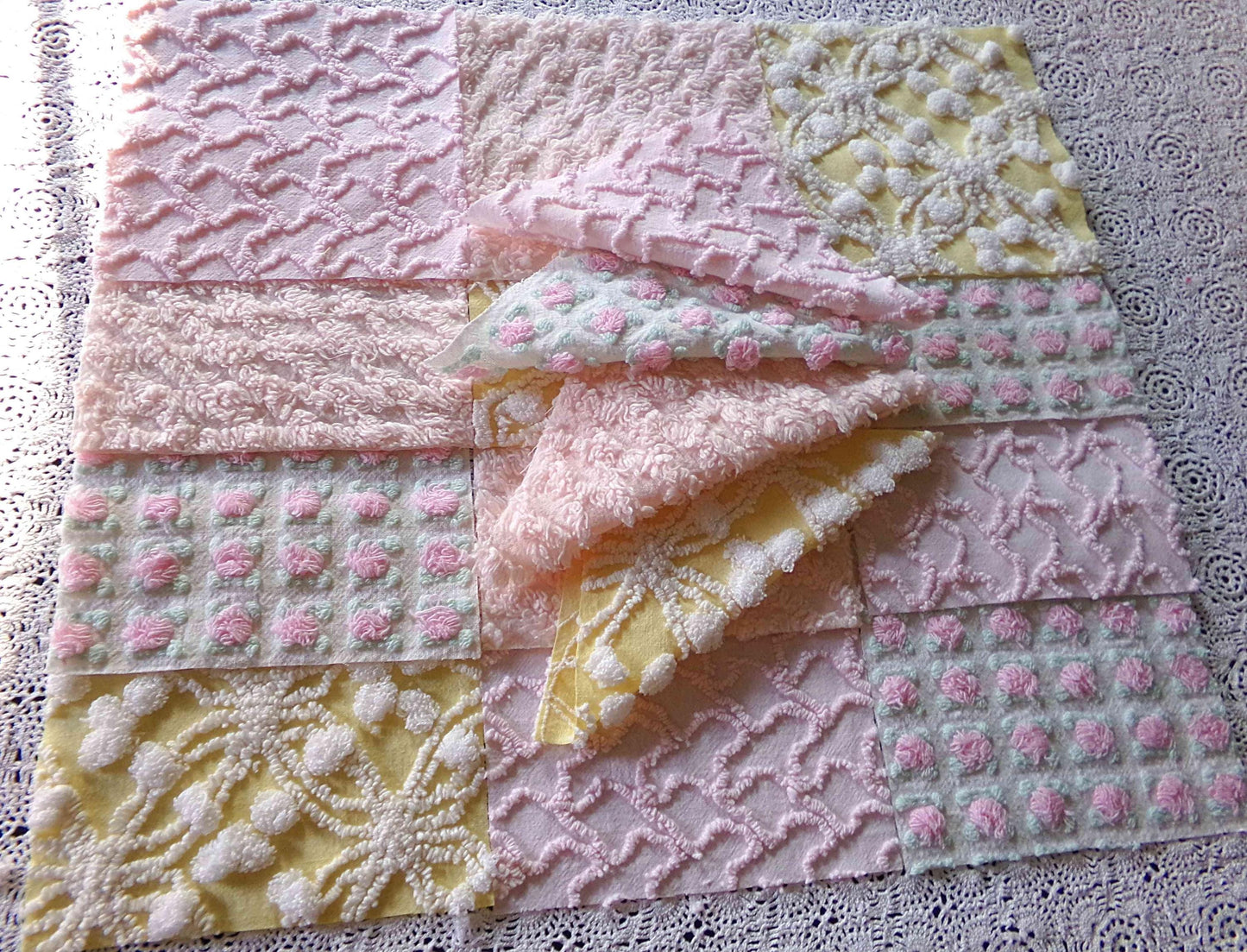 Whispers of Spring Vintage Chenille Fabric Squares Set 16 Blocks, 6" inch ea in Peach, Yellow, Pink & White daisies, rosebud, lattice, pops