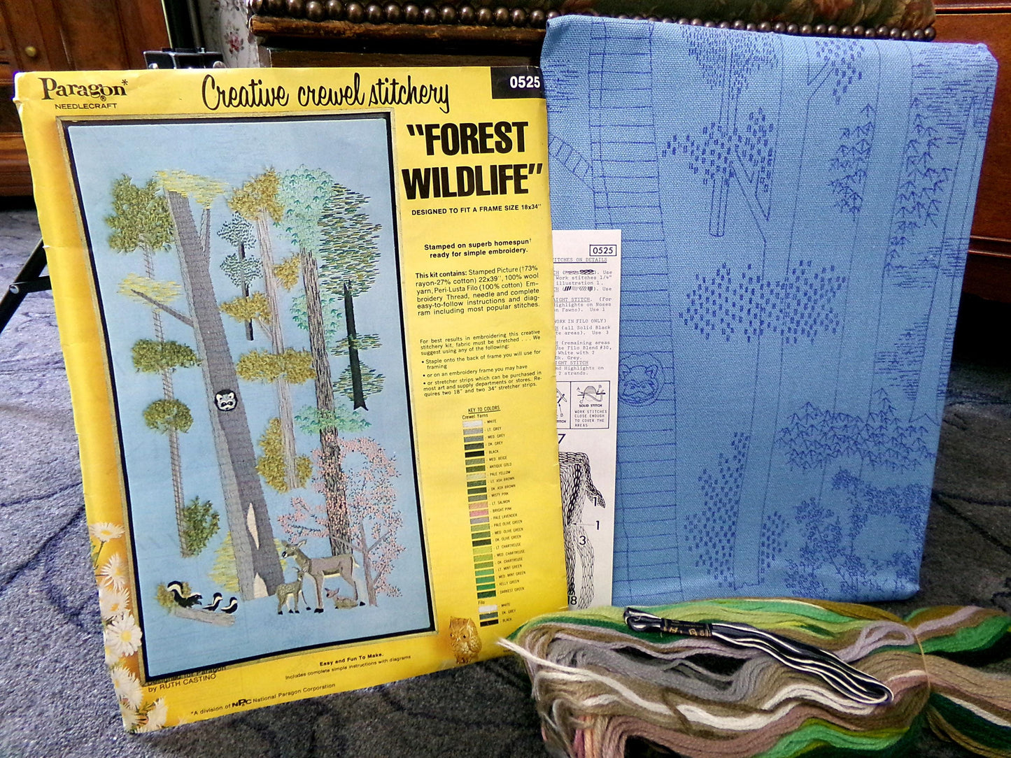 FOREST WILDLIFE Vintage Crewel Embroidery Kit 70s Hippie Wall Hanging, Paragon Needlecraft Stitchery, Kit# 0525, Design by Ruth Castino