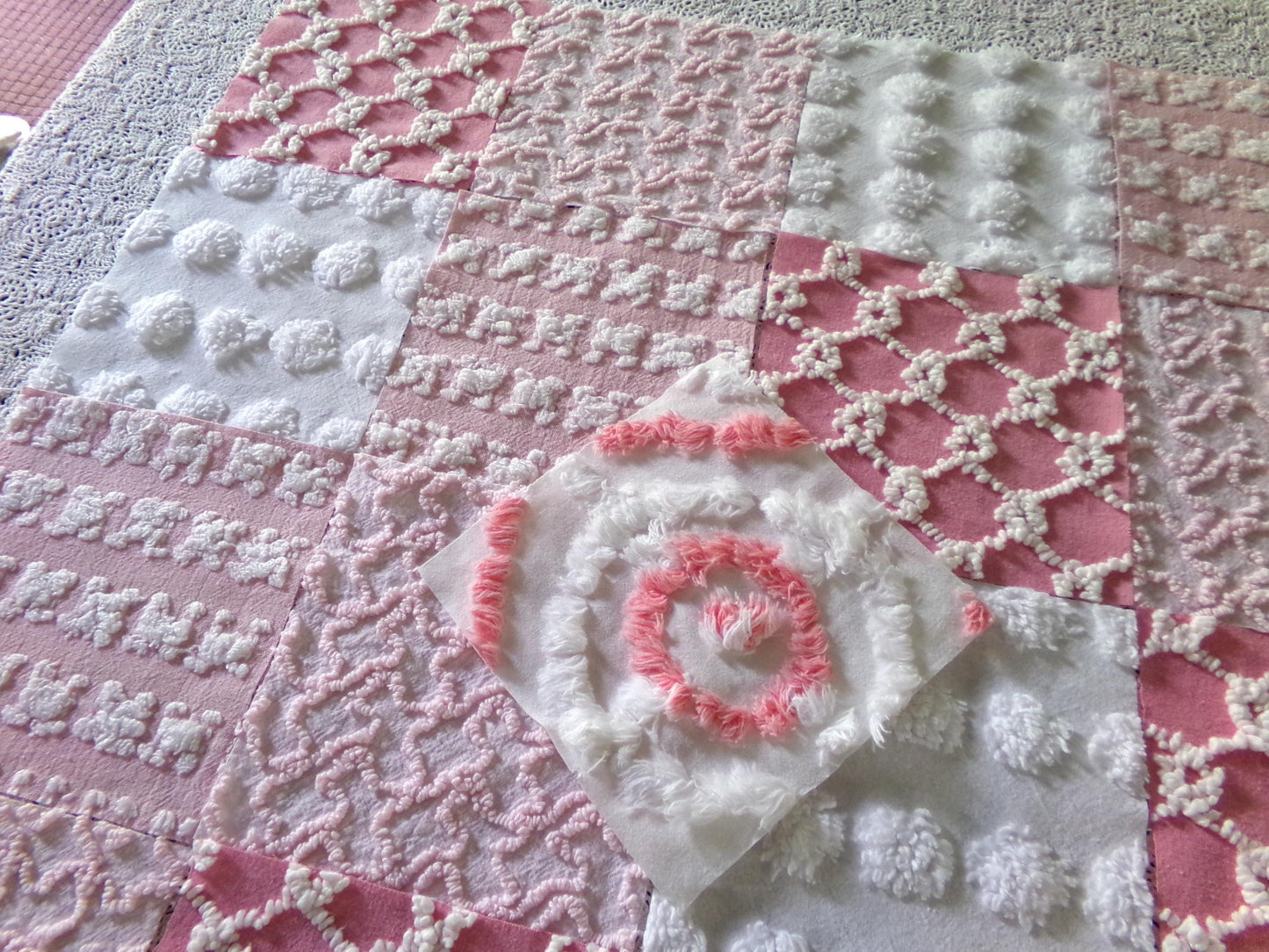 Must Luv Pink Quilt Squares Set from Vintage Chenille Bedspread Fabric, 17 Blocks, 6" x 6" inch