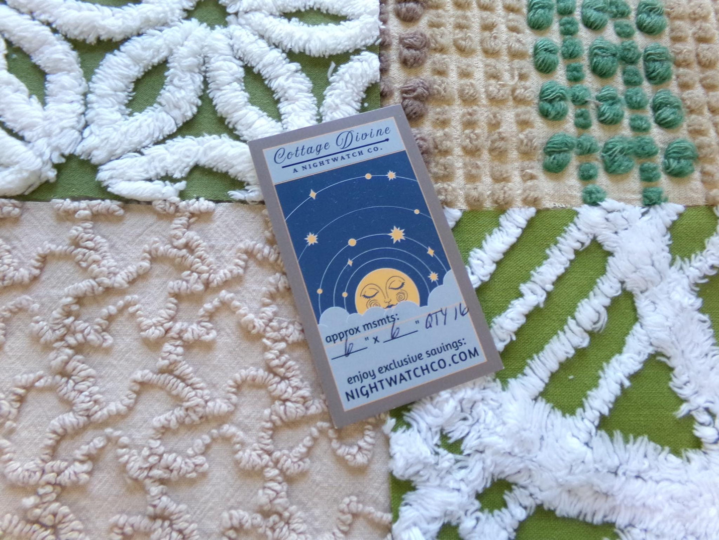boho babe vintage chenille fabric squares, set of 16 earthtone olive, mocha, white quilt blocks 6" ea, for fiber arts, sewing, quilting