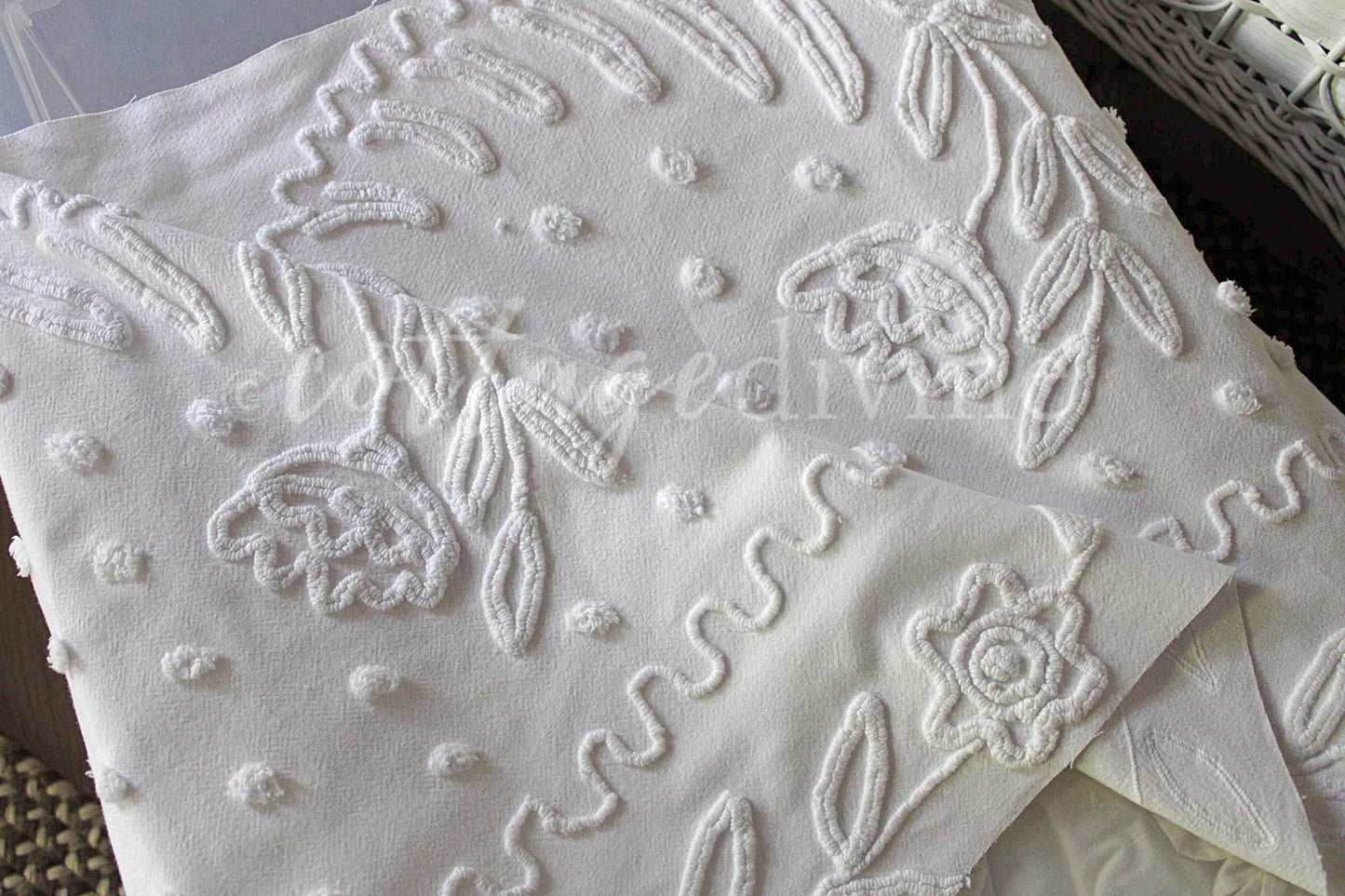 Lily White Dot Vintage Chenille Fabric Piece, 19" x 27" inches, Beautiful Farmhouse Style