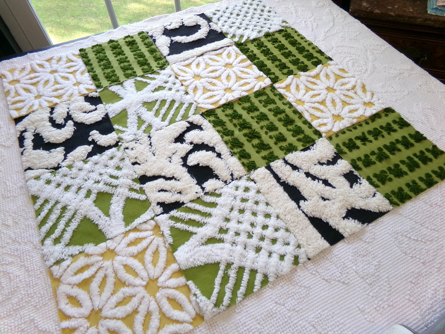 bewitching vintage chenille fabric squares, set of 16 black, green & gold 6" quilt blocks for crafts, sewing, diy pillow covers