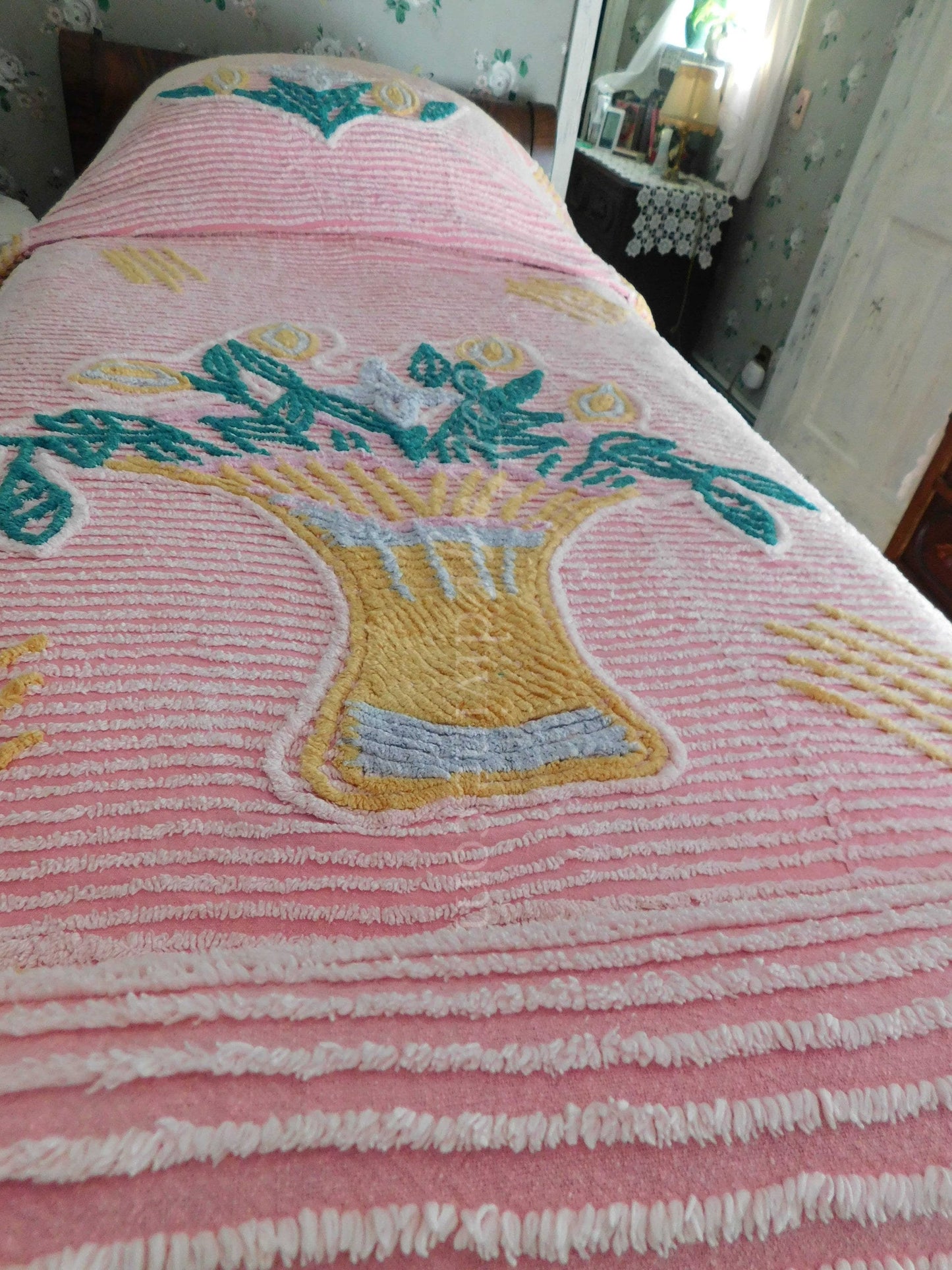 Vintage Chenille Bedspread, Giant Flower Basket on Pink, Full Size, 100% Cotton, Shabby Cottage Bedding