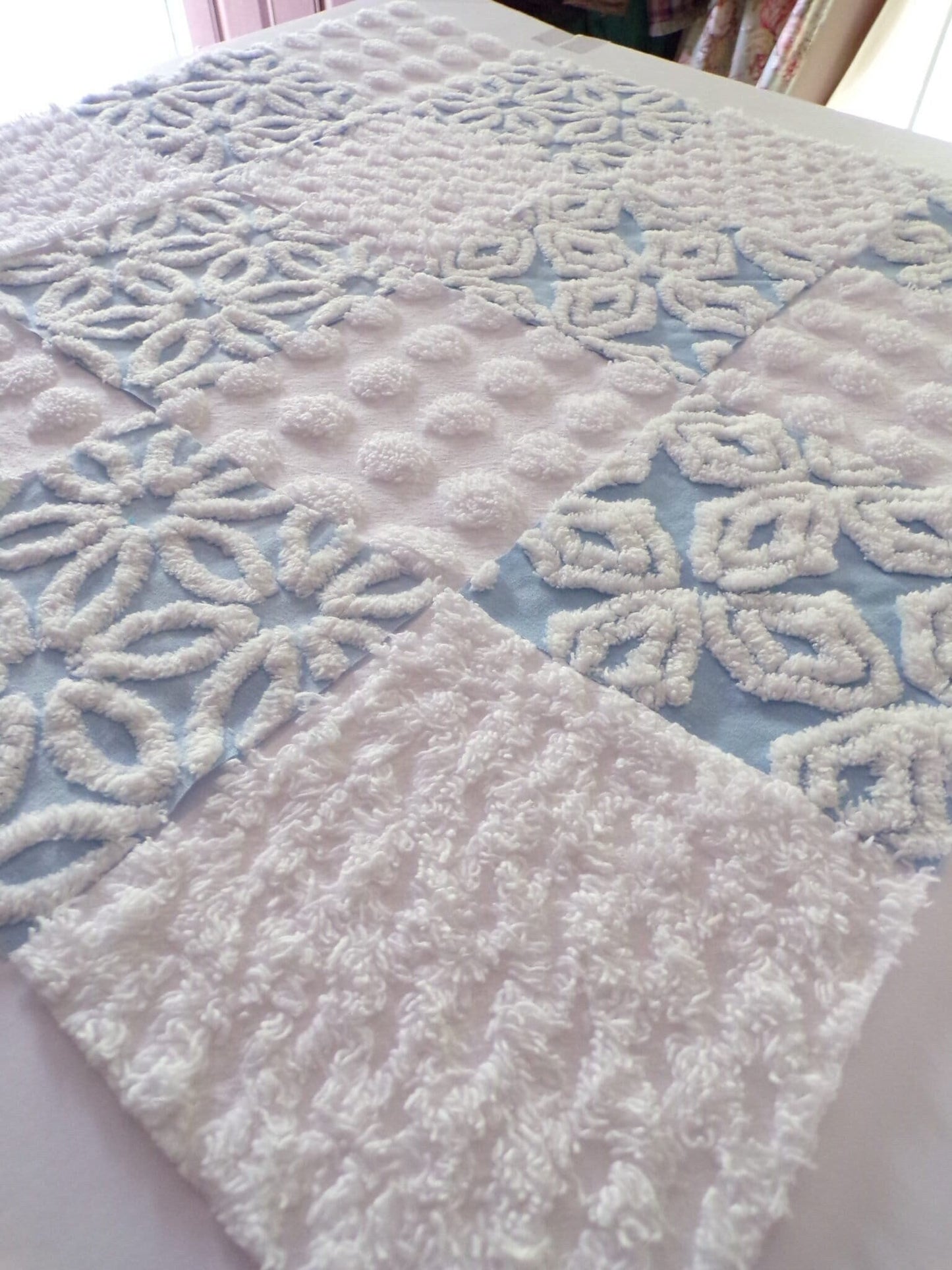 Coastal Classics Quilt Squares Set, from Vintage Chenille Bedspread Fabric, 16 Blocks, 6" x 6" inch, Fluffy Plush Blue & White