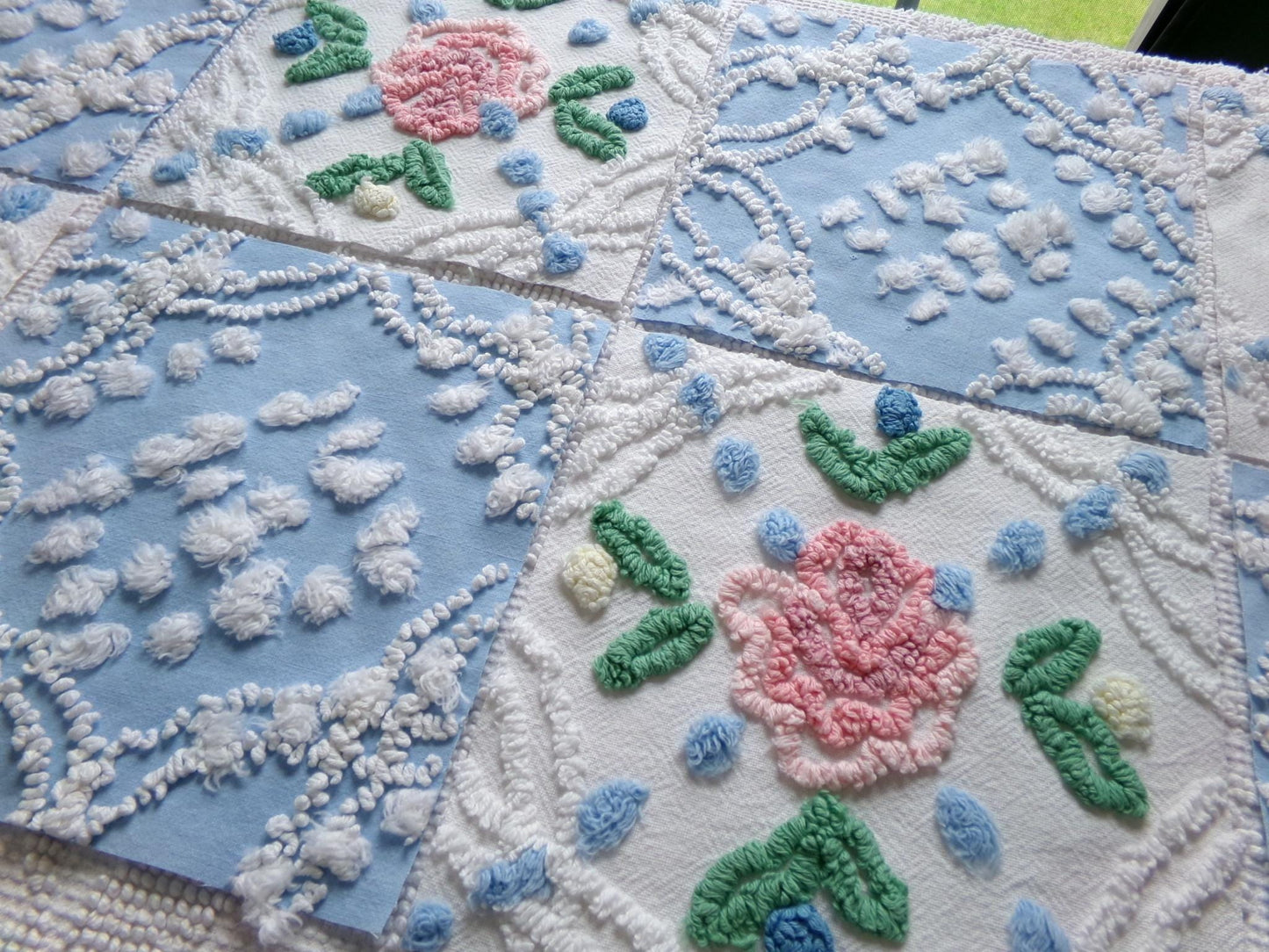 winter rose chenille fabric squares, set of 8 vintage 7.5" quilt blocks, blue & white geometric, pink floral for sewing, crafts, quilting