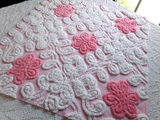 fluffy flowers vintage chenille fabric, plush pink & white sewing material, 19" x 22" inch piece for pillows, quilts, fiber arts