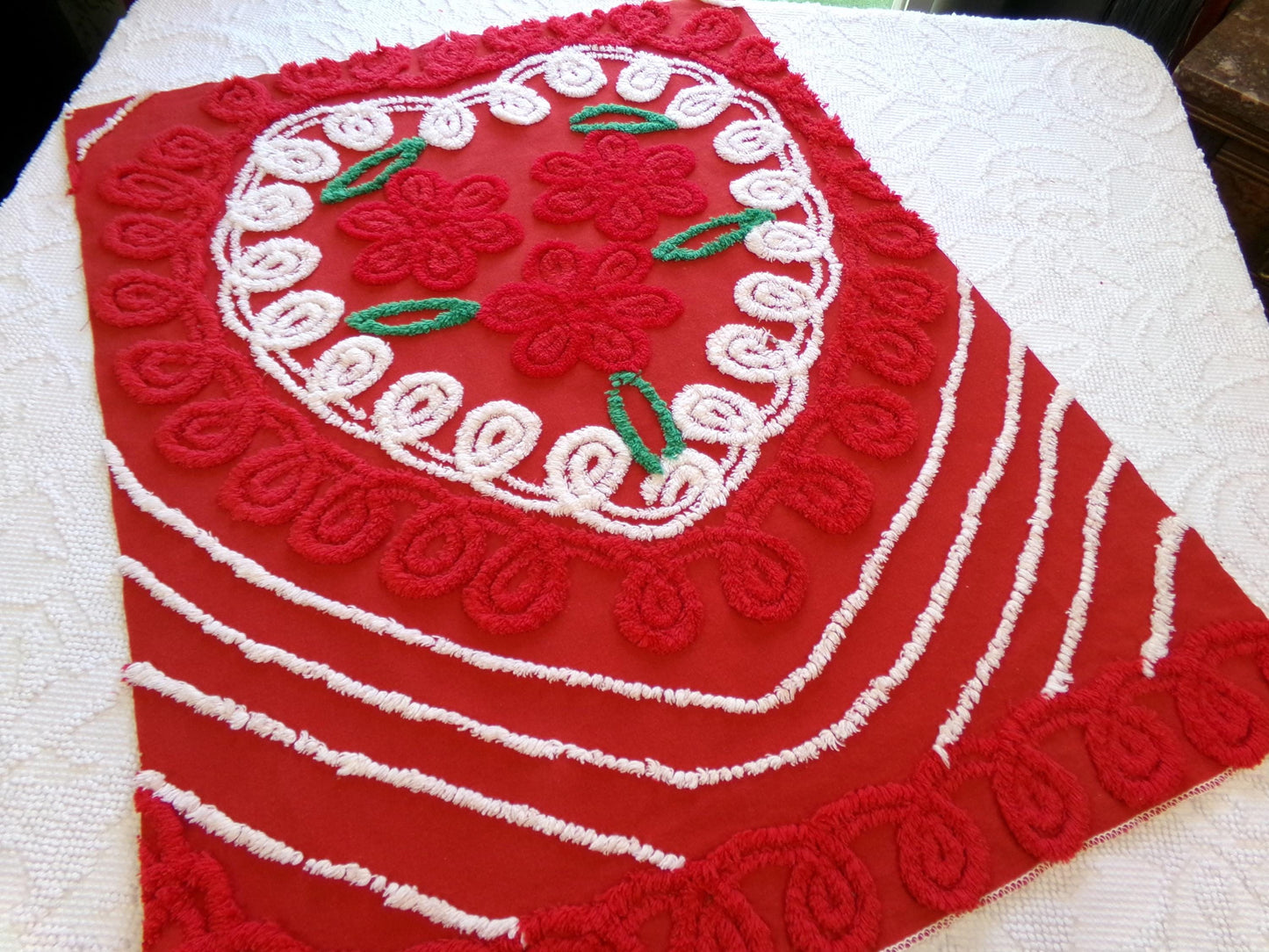 Christmas Heart Vintage Chenille Fabric, Festive Red & White for Crafts, Quilting, 20" x 25" Cut Piece