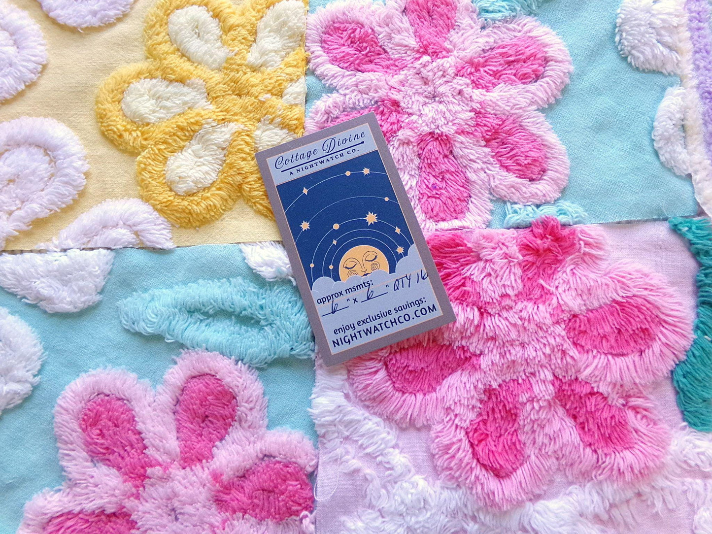 spring spirit chenille fabric squares, set of 16 pretty vintage pastel quilt blocks in rainbow pink, yellow, aqua florals & geometrics