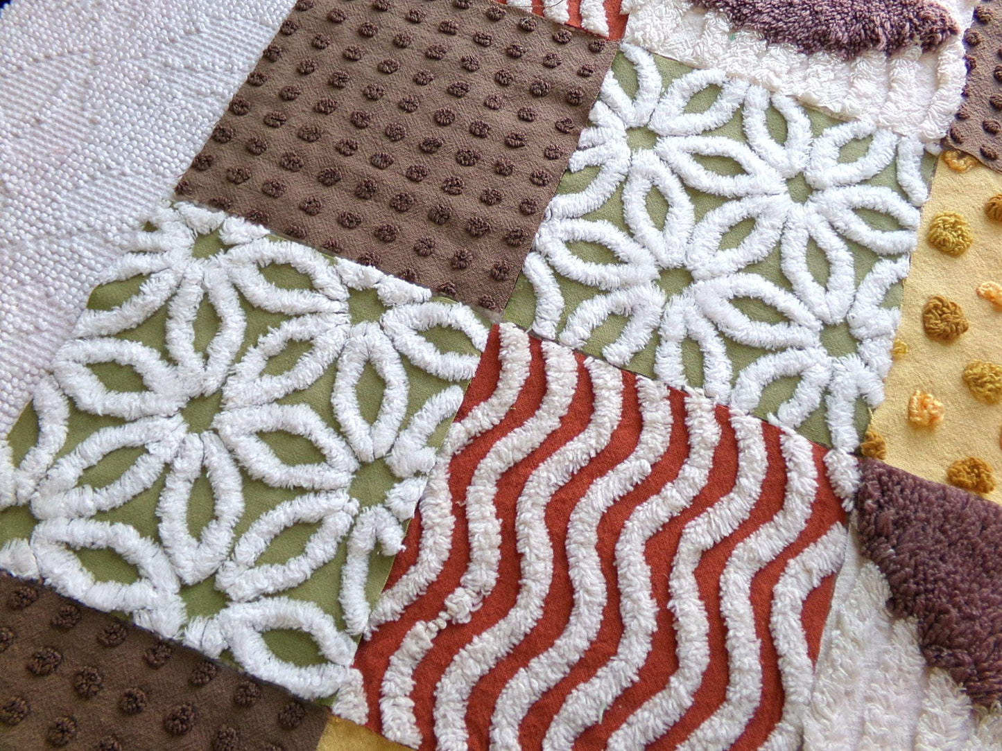 earthtones 6" chenille squares, "autumn winds" set of 16 craft quilt blocks cut in warm boho fall colors for patchwork projects, rag quilts