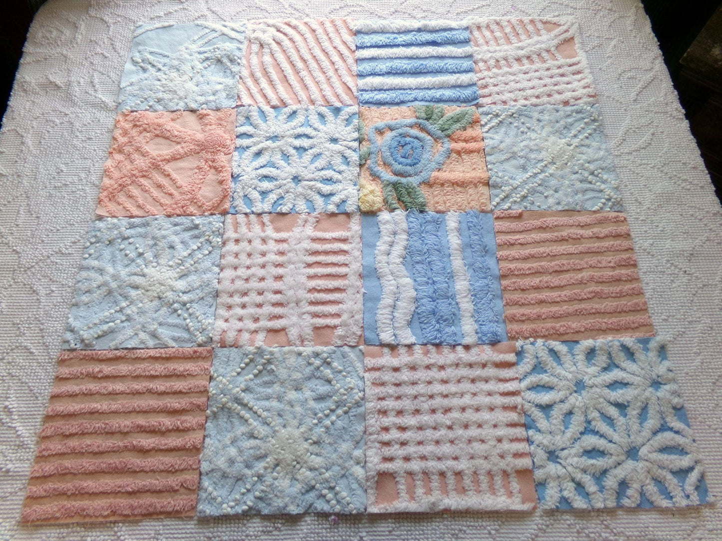 chenille 6" fabric squares, blue, peach & white plush quilt blocks, rotary cut from vintage chenille bedspreads, set of 16