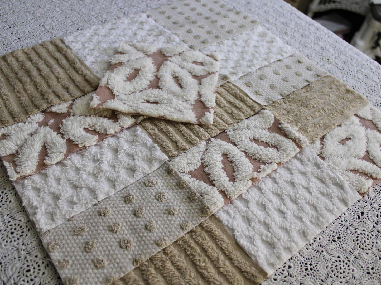 Chenille Fabric Squares, Neutral Sand, Tan & White Craft Square Set from Vintage Bedspread Fabric, 16 Blocks, 6" x 6" inch