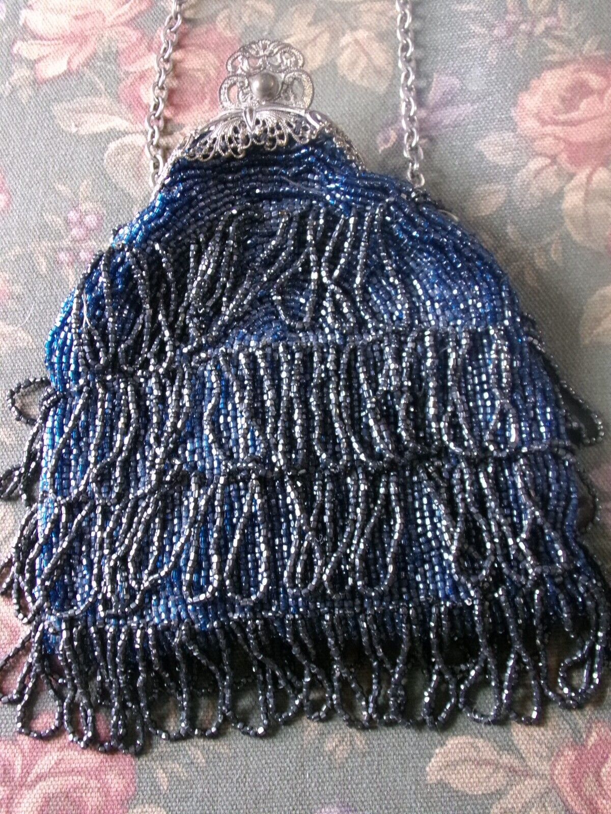 Antique Micro Bead Bag Carnival Glass Purse Vintage Victorian Fancy Clasp Top