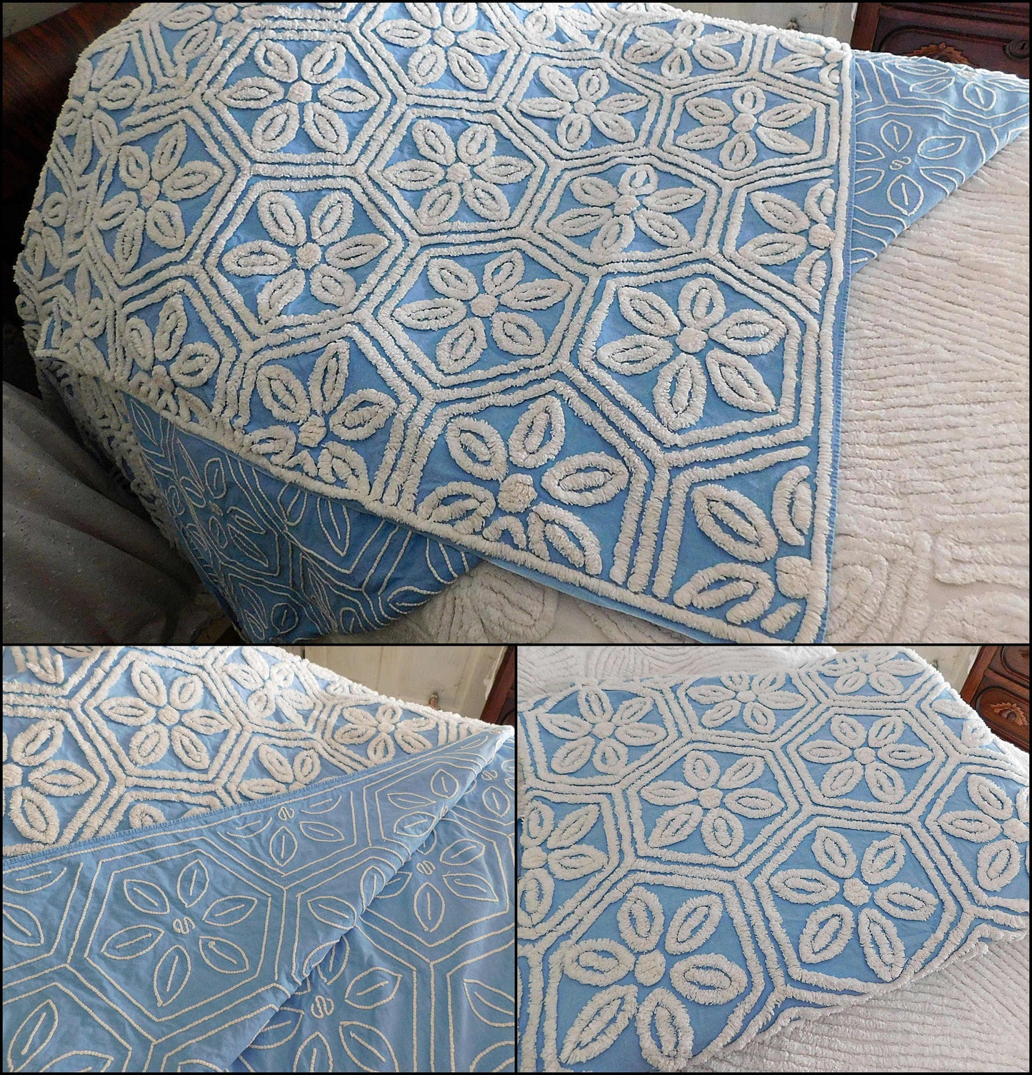 Vintage Chenille Bedspread, White Daisy Hexagon Design on Sky Blue, Full Size 1950s Geometric Design, 100% Cotton