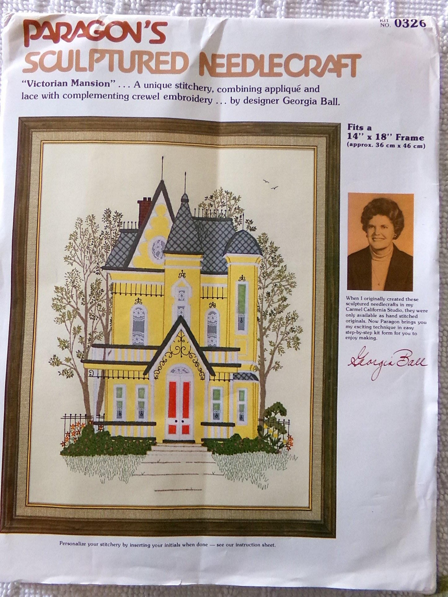 VICTORIAN MANSION Retro Crewel Stitchery Kit, Vintage Paragon Sculptured Needlecraft Embroidery #0326, Design by Georgia Ball