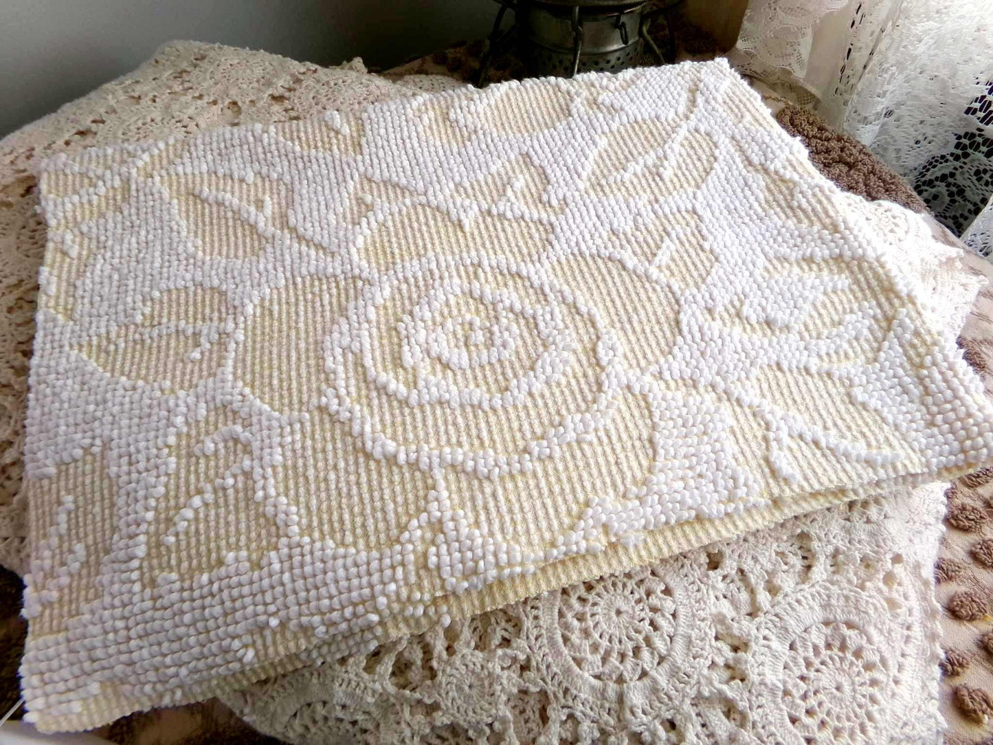 Pastel Yellow & White Cabbage Rose Vintage Woven Chenille Fabric, 24" x 18" inch Piece, Versatile Material in Quilts, Pillows, Tote Bags