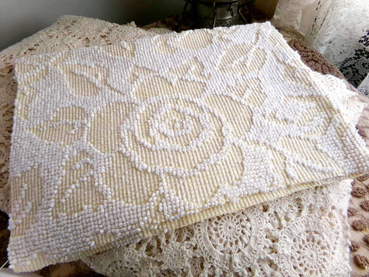 Pastel Yellow & White Cabbage Rose Vintage Woven Chenille Fabric, 24" x 18" inch Piece, Versatile Material in Quilts, Pillows, Tote Bags