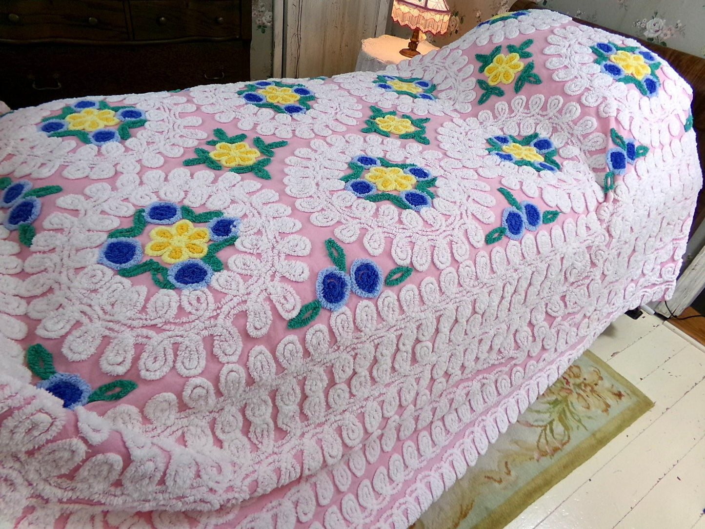 shabby plush pink vintage chenille bedspread, popular wedding cake florals, retro cottage glamour full size bedding