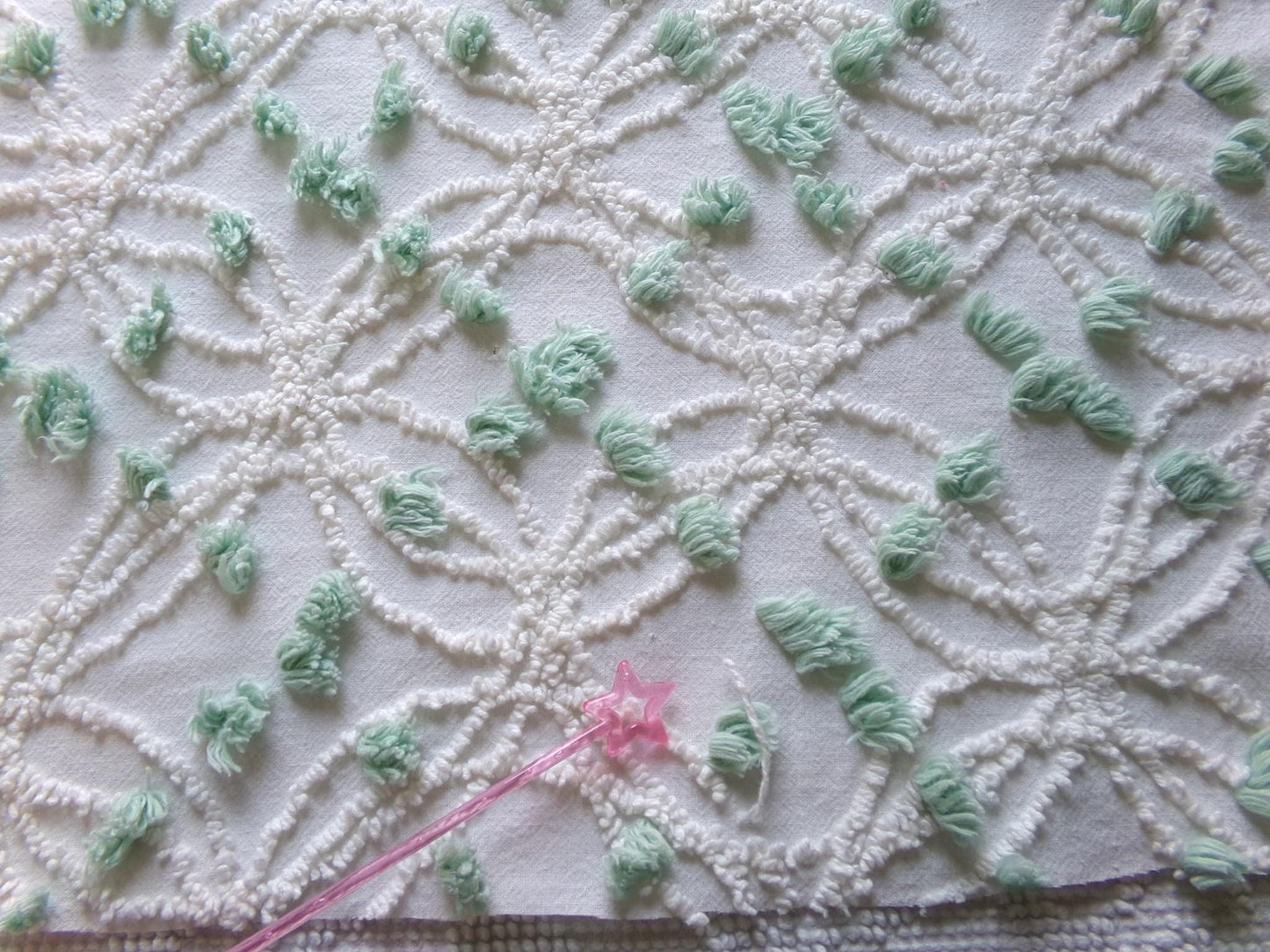 Breezy White Vintage Chenille Fabric, 15" x 25" Piece, Needletuft Wedding Rings with Mint Green Pops