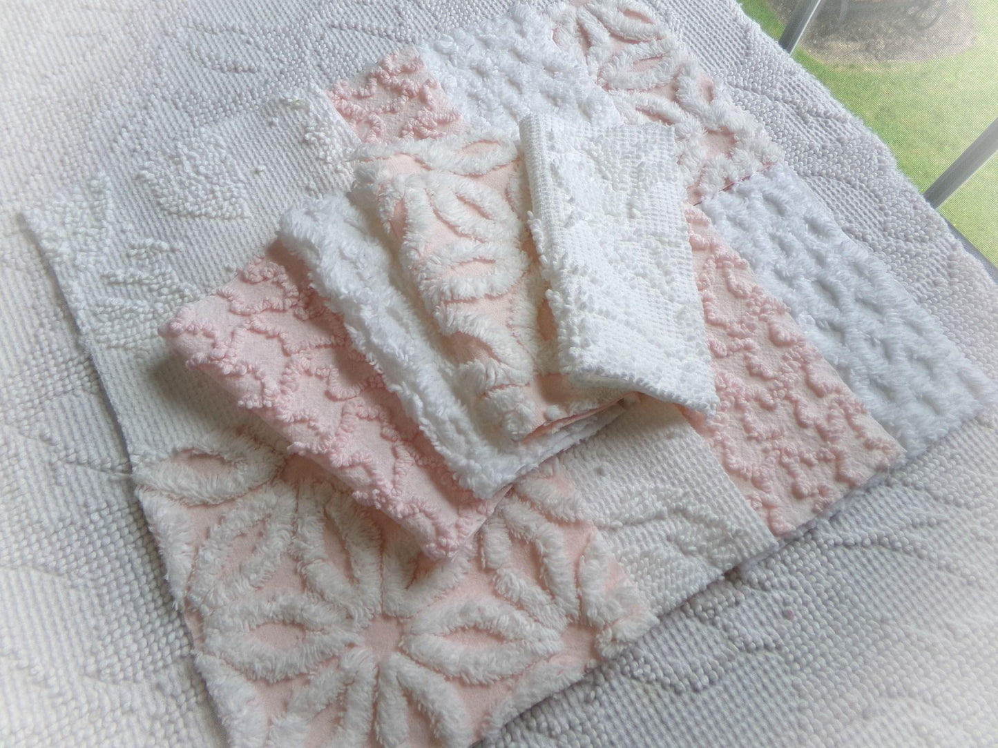 pink & white vintage 6" chenille squares, set of 12 quilt blocks in a lovely selection of popular patterns for sewing, crafts