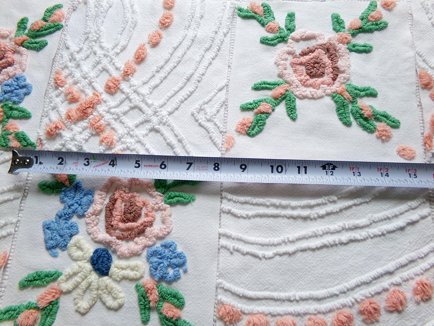 cottage chic chenille fabric squares, set of 8 vintage 7.5" quilt blocks, peach, white rose floral & geometric for sewing, crafts, quilting