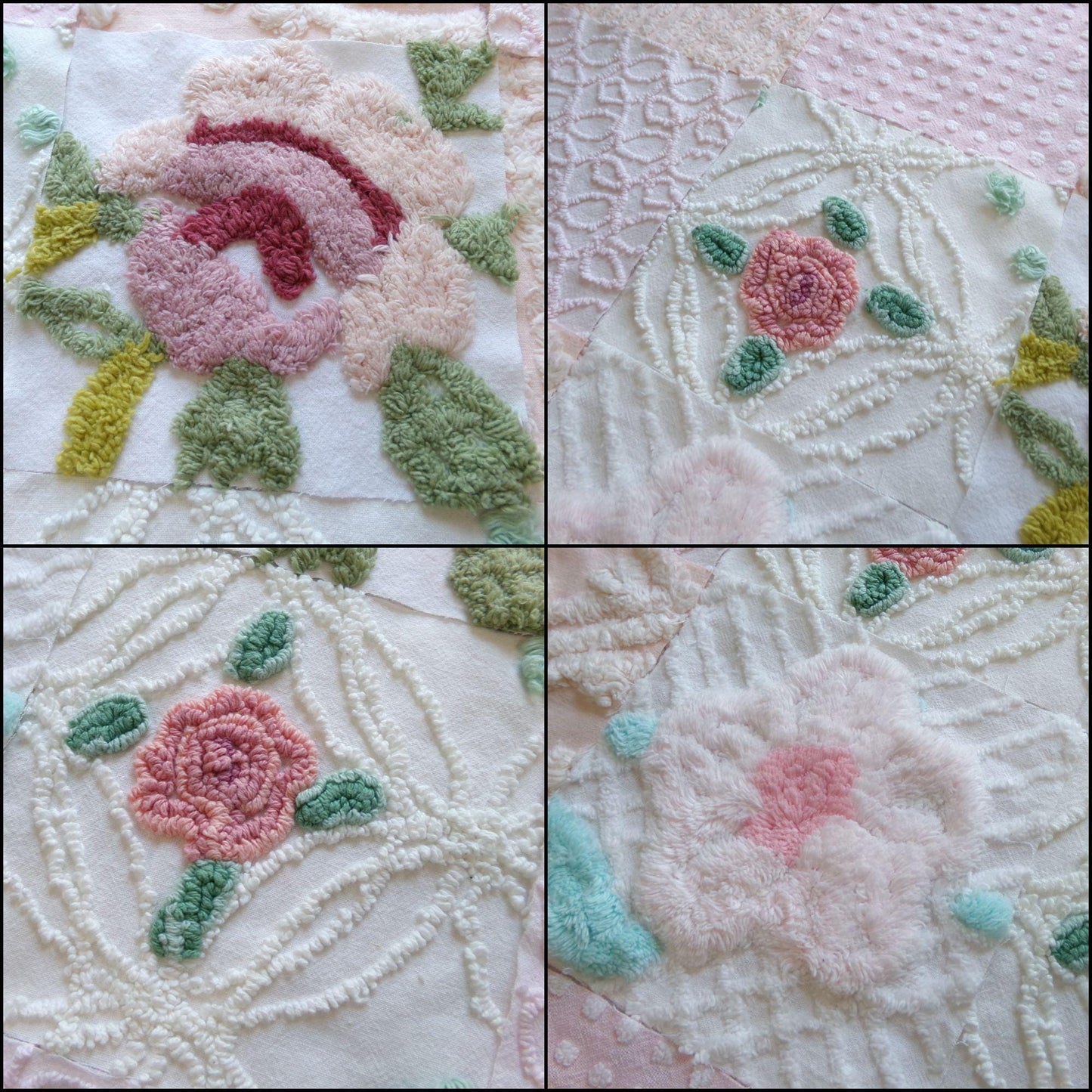 fairy flowers chenille fabric squares, set of 16 vintage craft quilt blocks 6" inches ea, soft pink, peach & floral